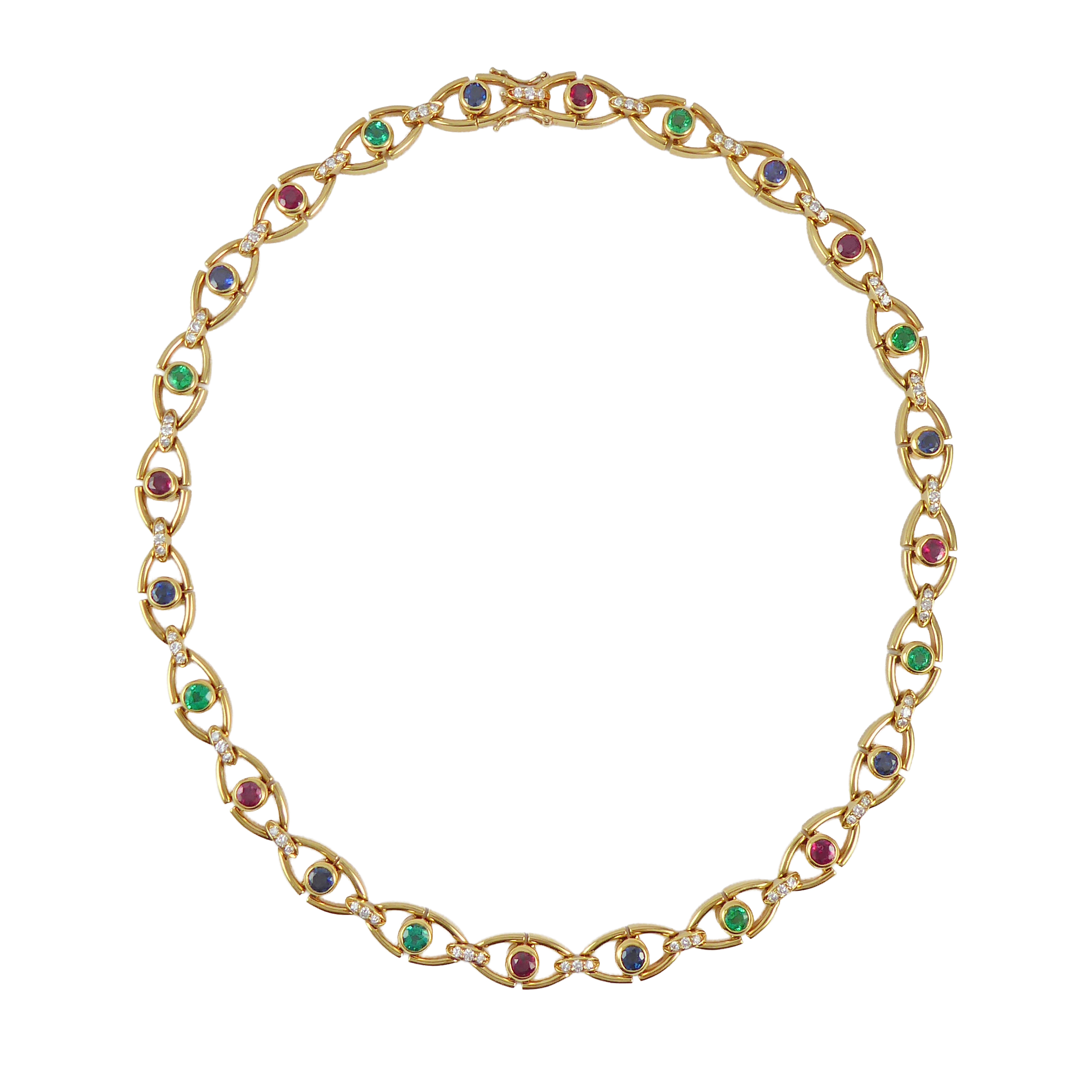 Emerald, sapphire, ruby and diamond necklace by Tiffany, to articulated openwork navette shaped links testing as 18ct gold,